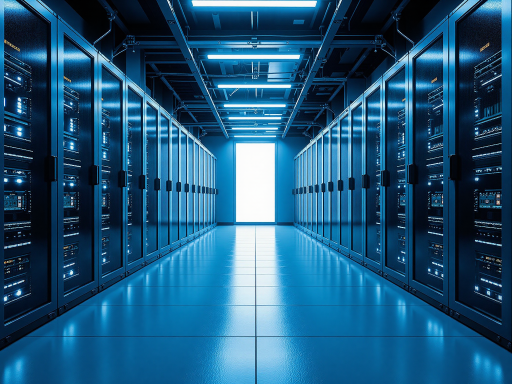 未来科技概念图，云计算数据中心内部，服务器机柜整齐排列，蓝色灯光效果，现代科技感